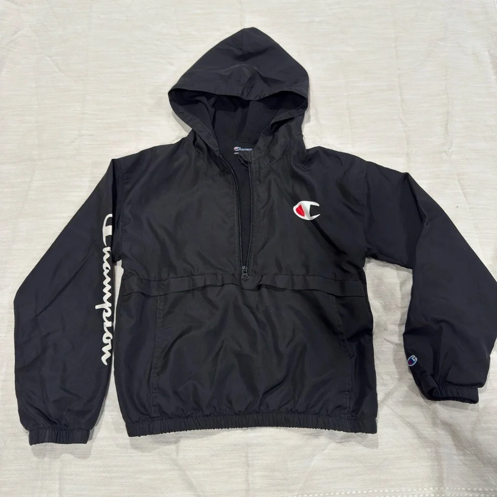 Champion Boys Windbreaker Jacket Black Half Zip Pullover Hooded Script Logo Kids